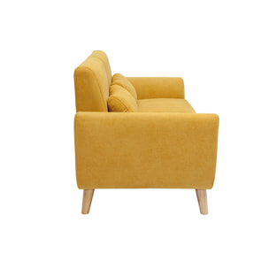 Canapé scandinave 2 places en tissu effet velours jaune moutarde et bois clair EKTOR