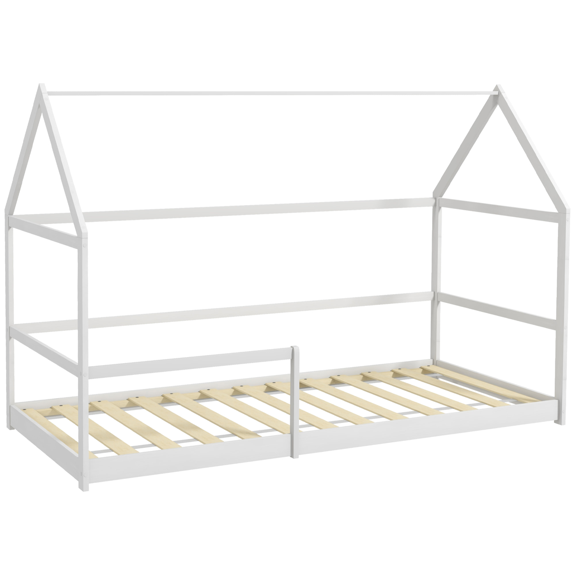 Lit cabane enfant 90x190cm - sommier et barrière inclus - bois pin panneaux blanc