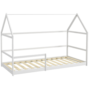 Lit cabane enfant 90x190cm - sommier et barrière inclus - bois pin panneaux blanc