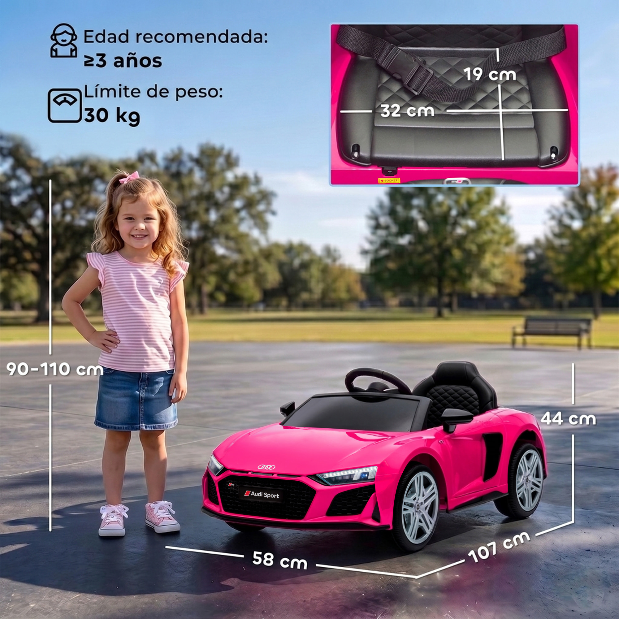 Coche Eléctrico para Niños Audi R8 Spyder Coche de Batería Litio 12V con Mando a Distancia 2,4 G 2 Motores Arranque Suave Suspensión Trasera Música Bocina USB Faros LED +3 Años 3-5km/h Rosa