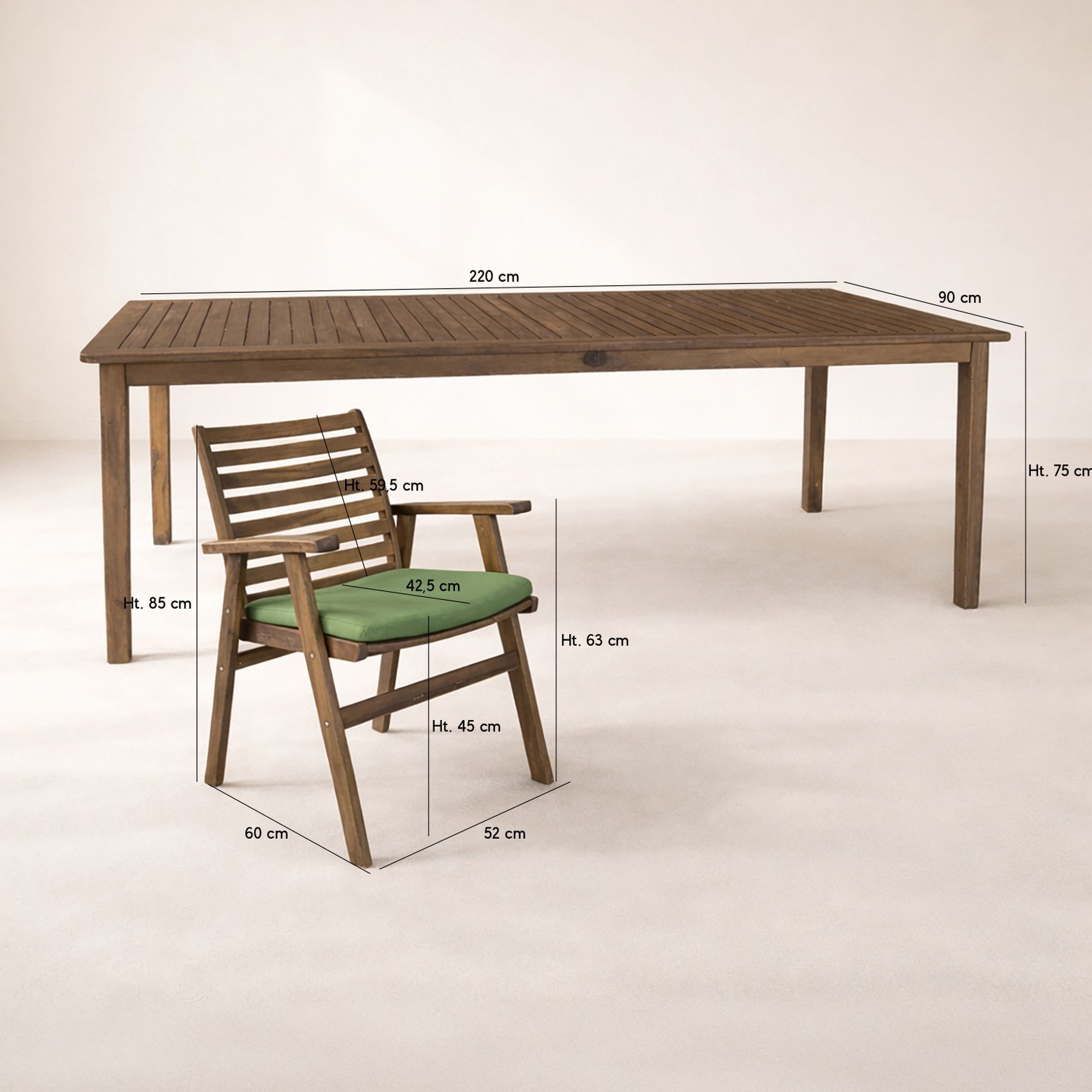 Ensemble table et 8 chaises de jardin en bois d'acacia et coussin vert PALAU
