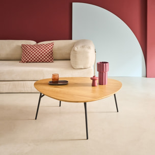 Table basse triangulaire pieds métal noirs et effet chêne  EZIA