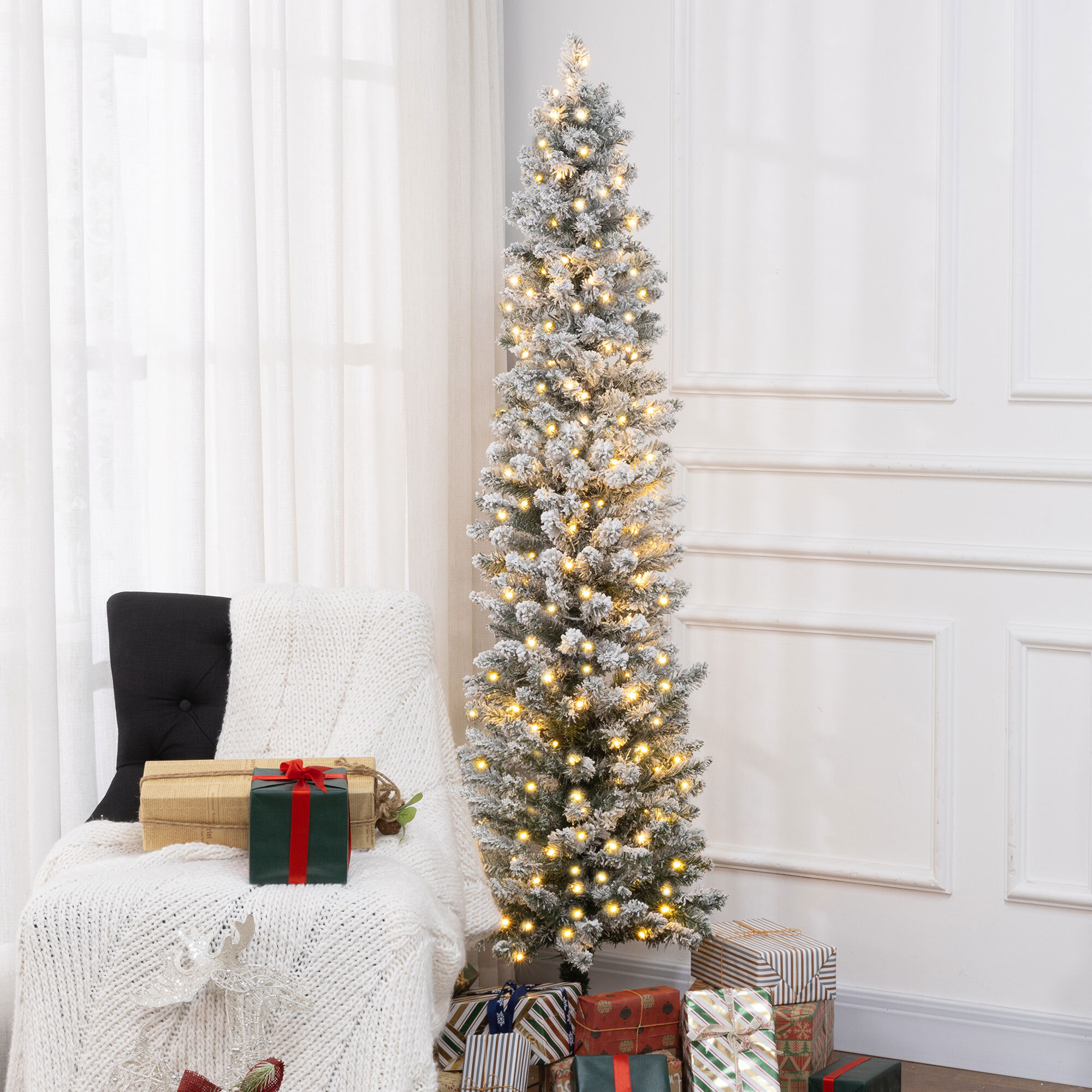 Sapin de Noël artificiel LED H.180 cm - sapin de Noël mince enneigé - 329 branches 150 LED blanc chaud