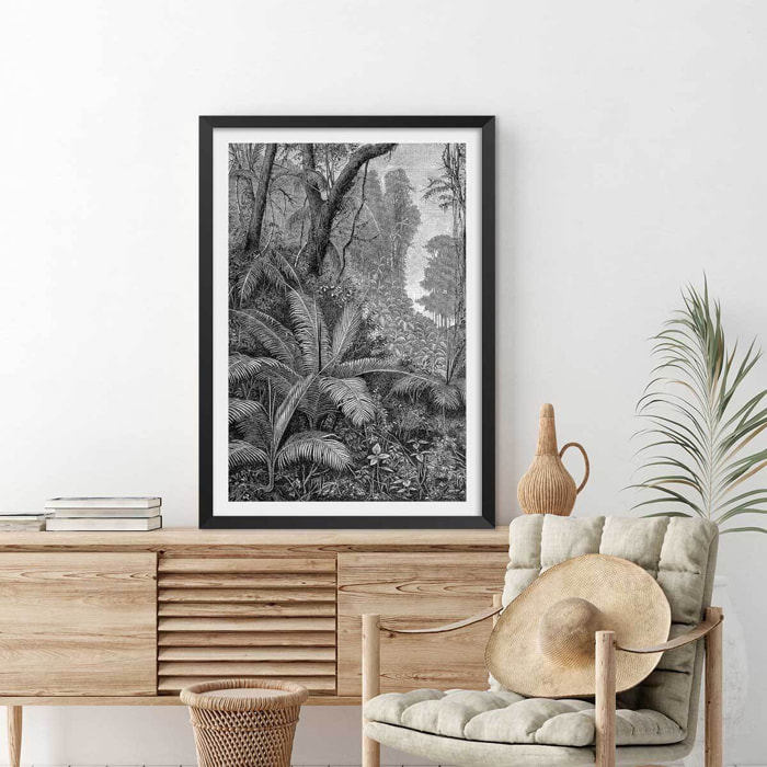 Affiche paysage jungle indienne Affiche + cadre en bois - Noir
