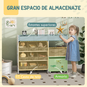 Estantería para Juguetes para Niños Organizador Infantil con 11 Cestas Extraíbles Compartimentos y Láminas de Pegatinas para Guardería Sala de Juegos 105x30x80 cm Blanco