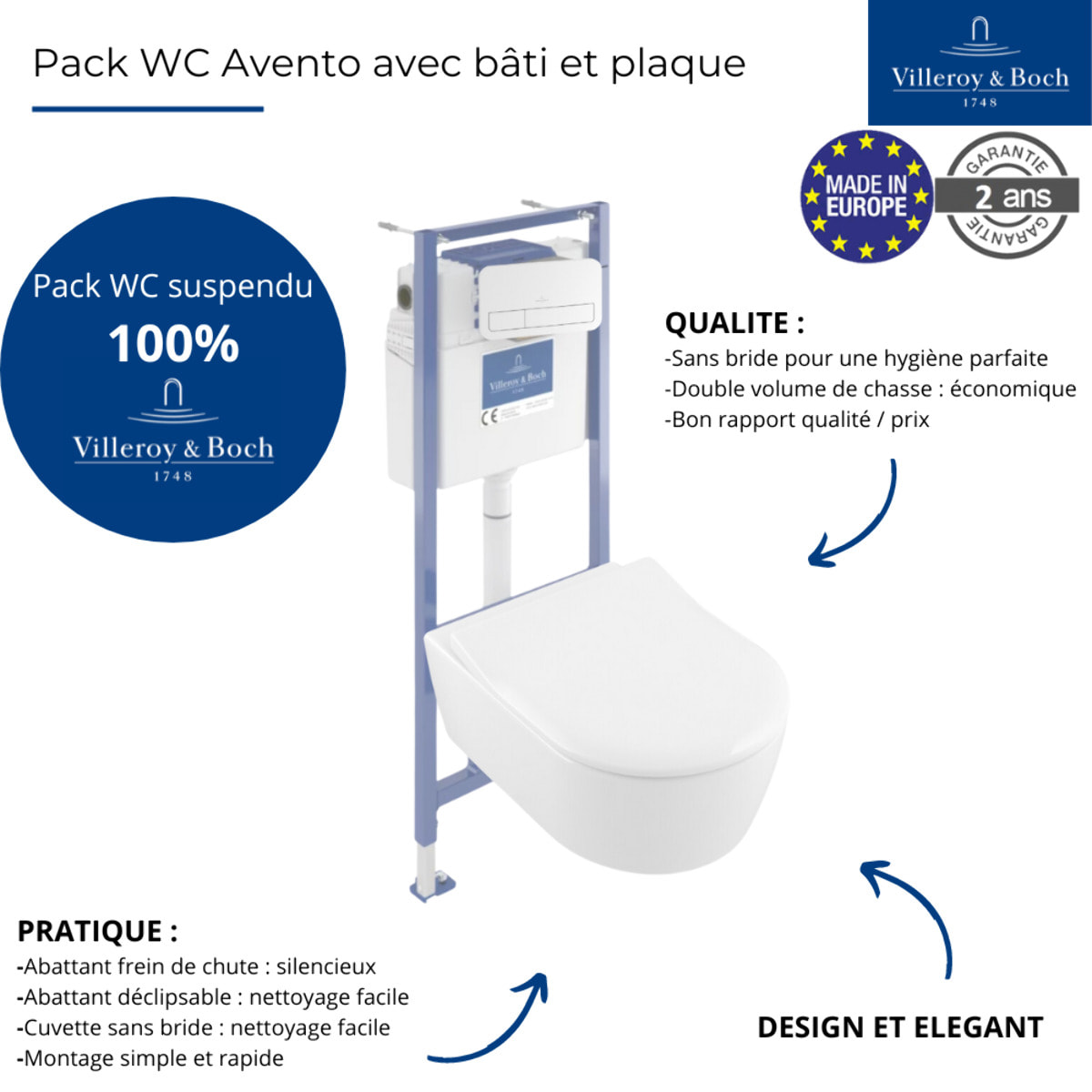 Pack WC suspendu sans bride Avento + Bâti support ViConnect Pro + abattant frein de chute + plaque blanche