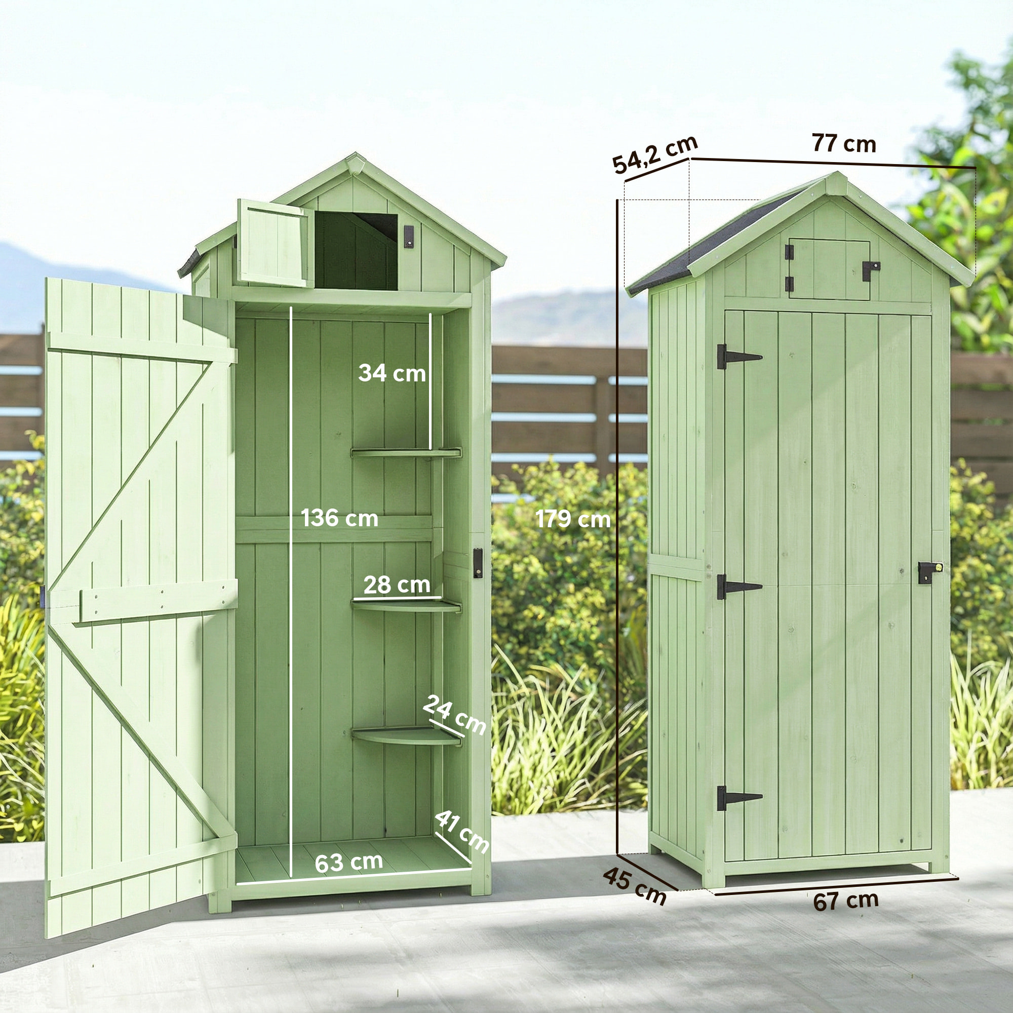 Armario de Jardín de Madera 77x54,2x179 cm 0,3 m² Cobertizo para Almacenaje de Herramientas con 3 Estantes y 2 Puertas con Cerrojo para Patio Terraza Verde