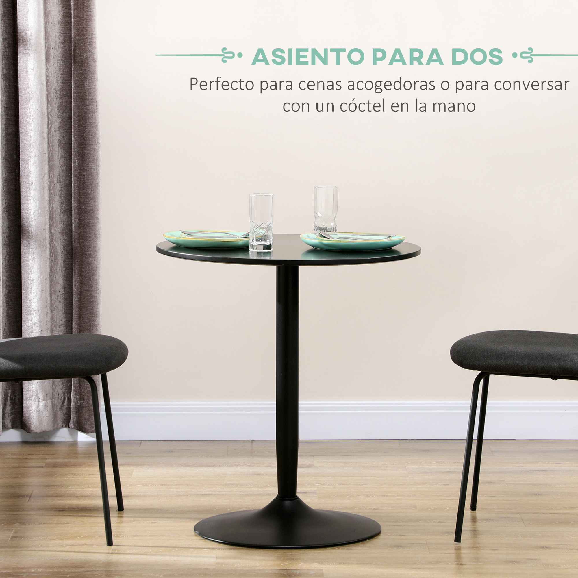 Mesa de Comedor Mesa Redonda Mesa de Cocina Moderna para 2 Personas con Base de Acero y Almohadillas Antideslizantes para Salón Ø70x75 cm Negro