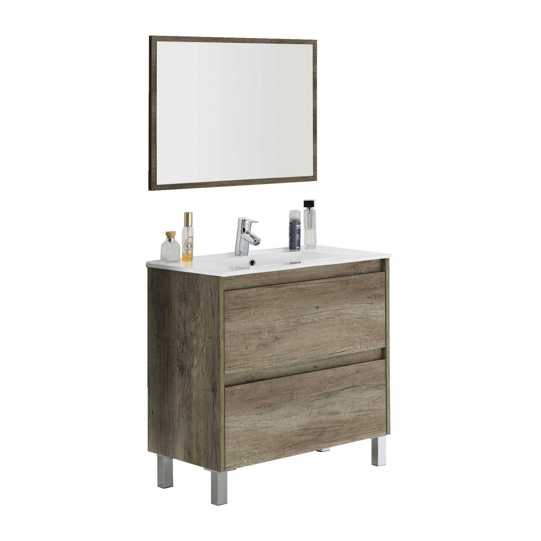 Mobile sottolavabo Modesto, Mobiletto sospeso con 2 cassetti, Armadio per bagno con specchio, Lavabo escluso, cm 80x45h80, Quercia