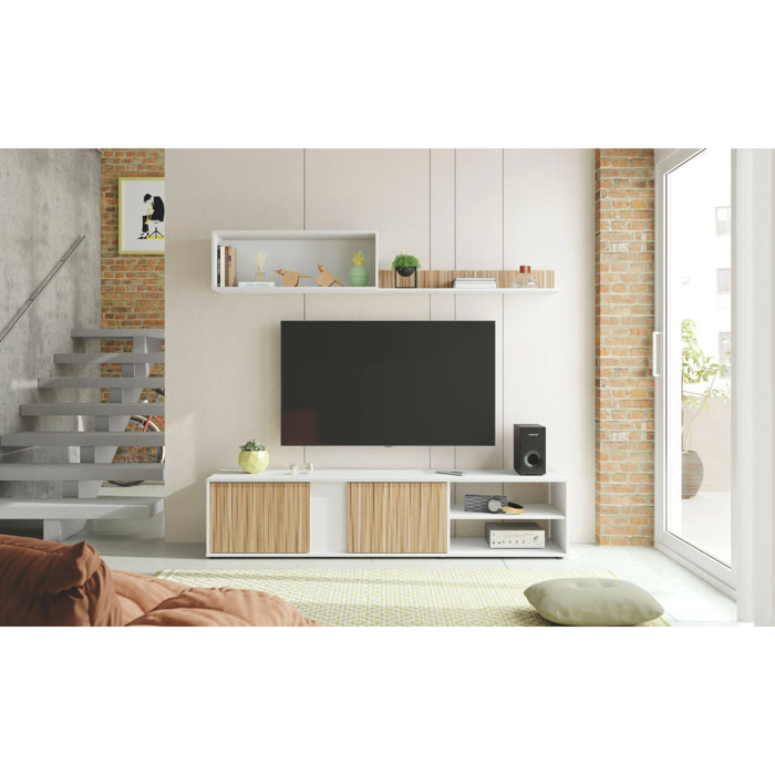 Parete attrezzata Agrestino, Mobile da soggiorno porta TV, Composizione set salotto, Set salotto con pensile, 180x33h40 cm, Bianco e Rovere