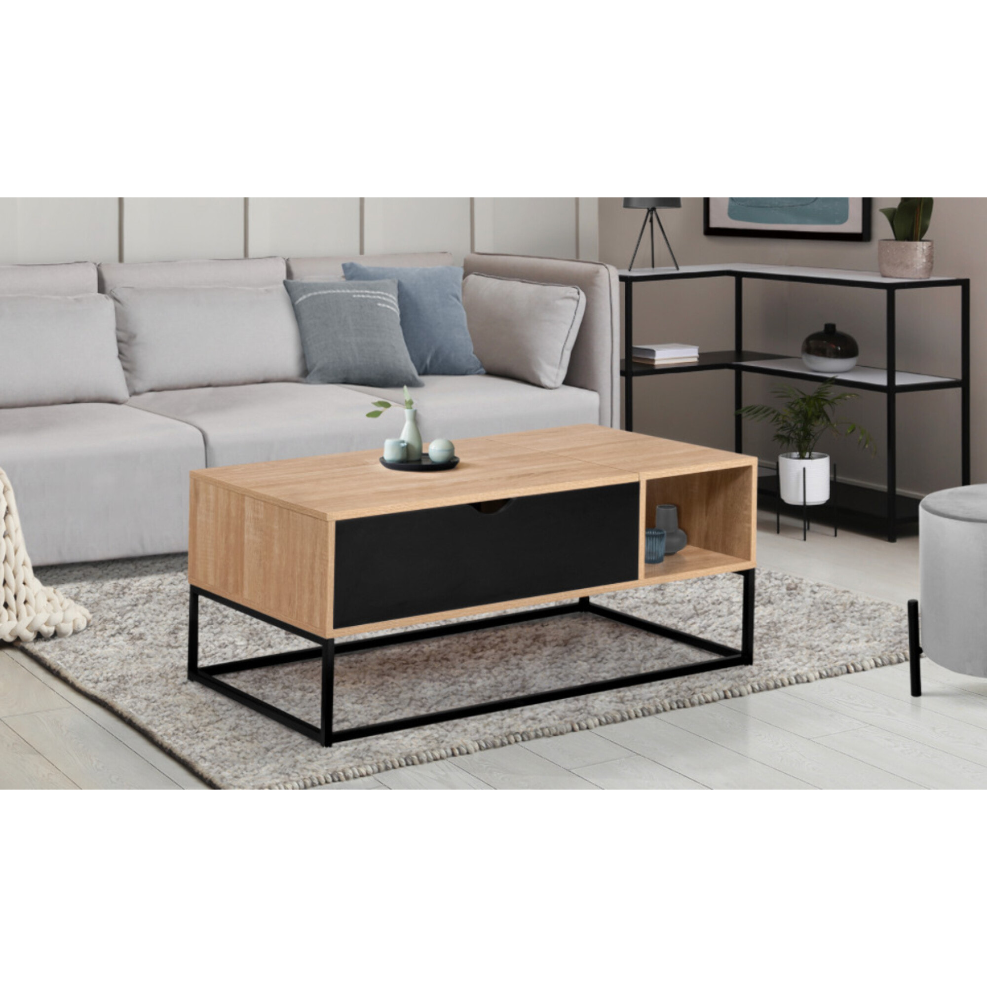 Table basse Memphis relevable bois et noir