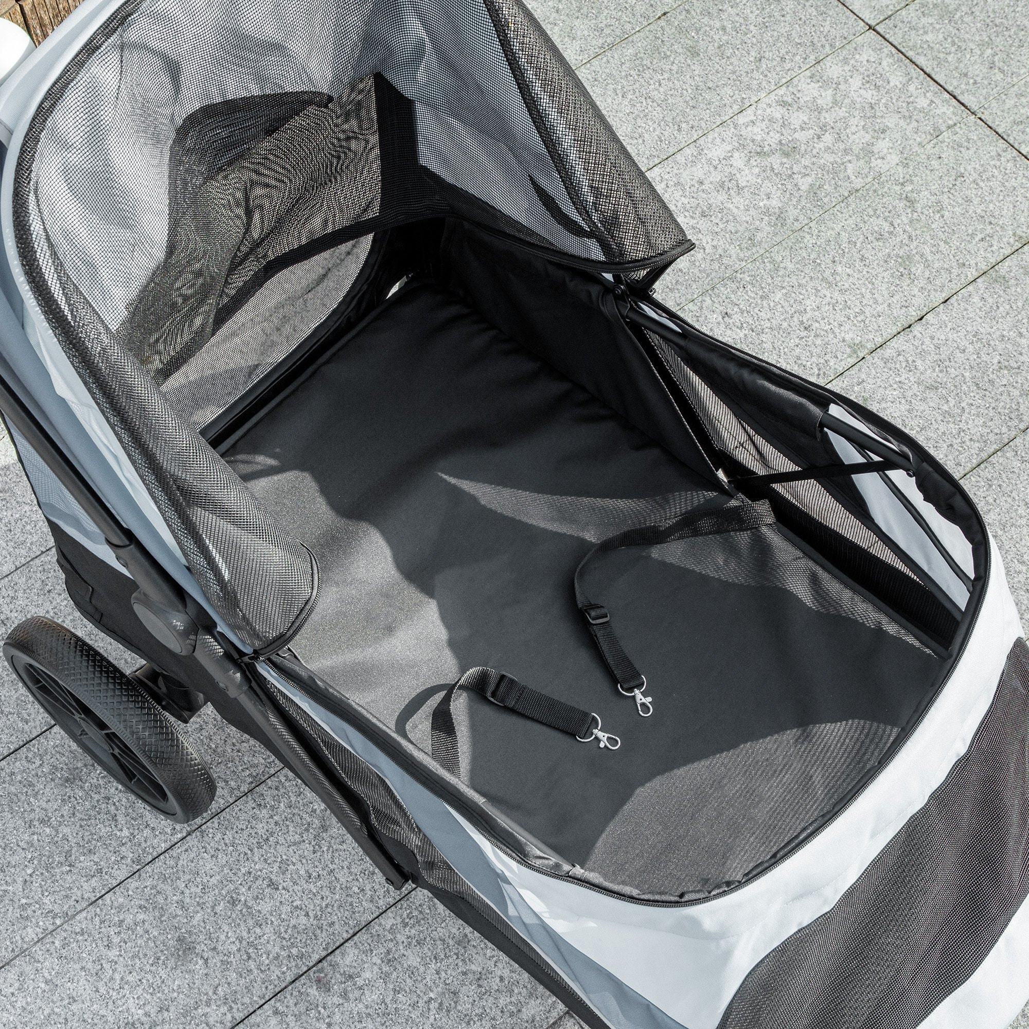 Carrito para Perros Plegable Cochecito para Perros Grandes hasta 30 kg con Ruedas Grandes Correas de Seguridad Marco Amortiguador Cojín Lavable 124x67x100 cm Gris