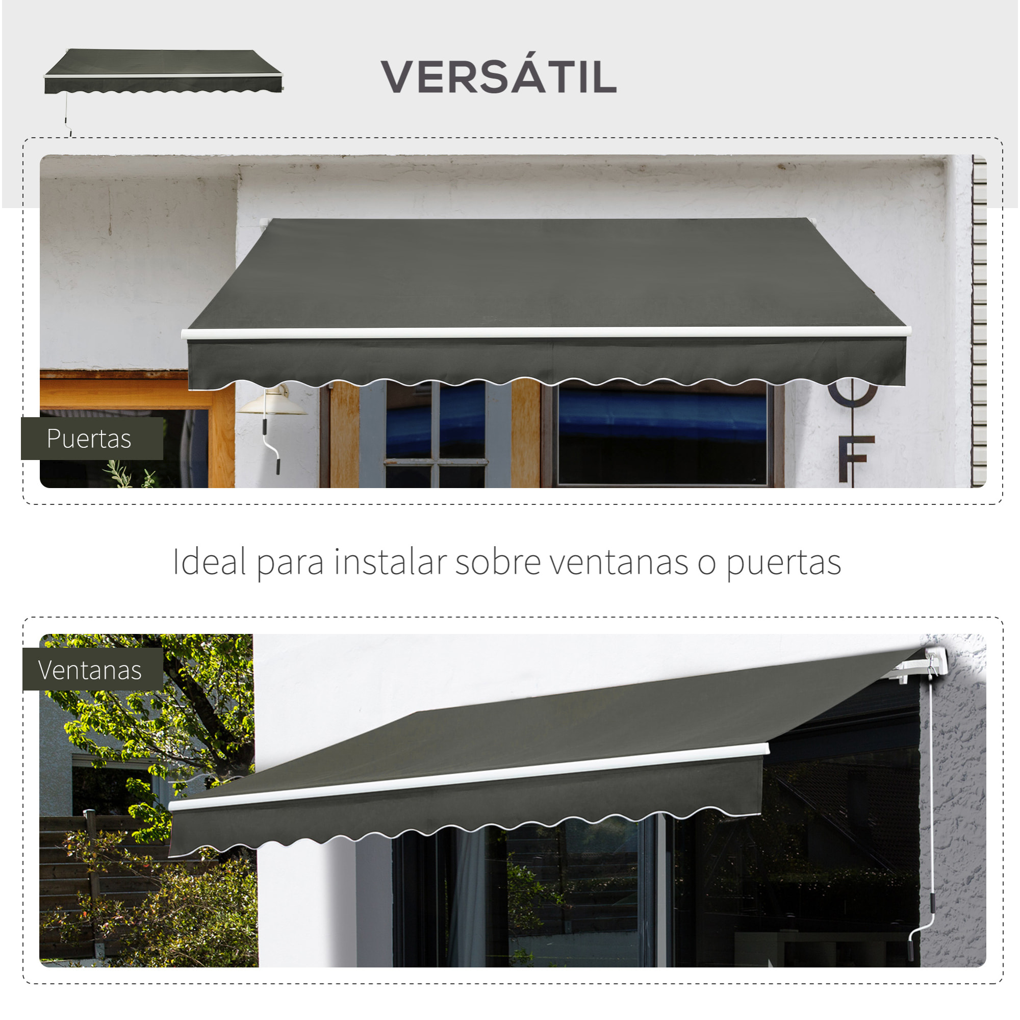 Toldo Manual Retráctil 350x250 cm Toldo para Balcón con Manivela de Metal Impermeable y Anti-UV Toldo Enrollable de Exterior para Jardín Terraza Ventanas Gris