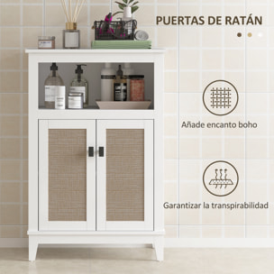 Mueble Auxiliar de Baño con 2 Puertas con Frontal de Ratán Armario de Baño con Estante Ajustable y Compartimento Abierto 60x30x90 cm Blanco
