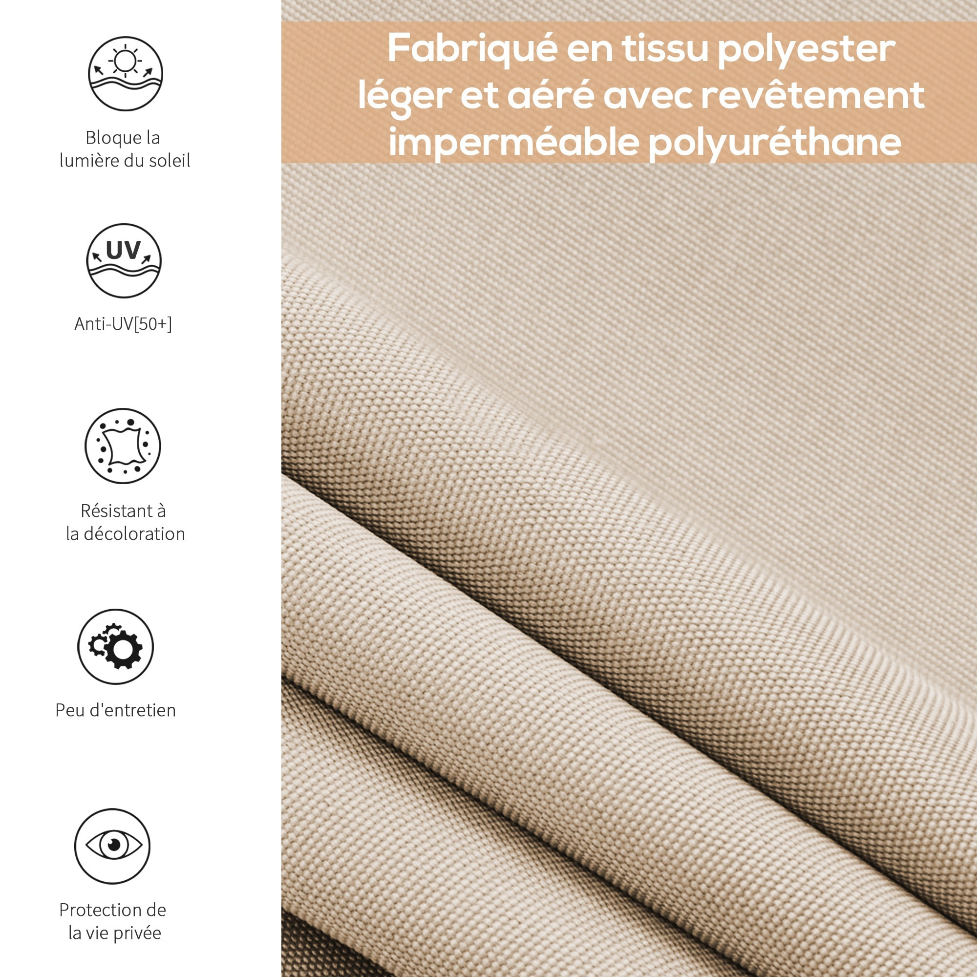 Store extérieur enrouleur vertical 1,6L x 2,5H m - manivelle - alu polyester haute densité 280 g/m² anti-UV50+ beige