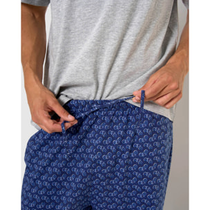 Pigiama lungo in cotone cicle, a maniche corte, con stampa denim grigia