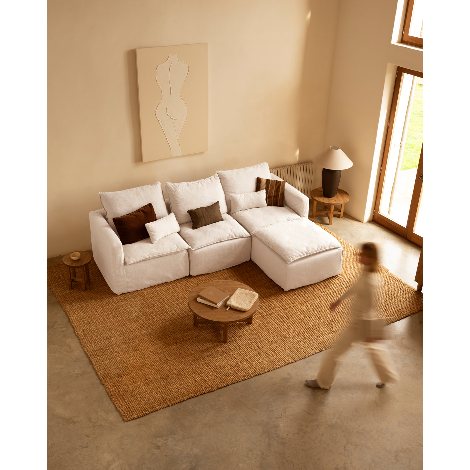 Puf de algodón y lino desenfundable tono blanco de 89x87cm Alto: 54 Largo: 89 Ancho: 87
