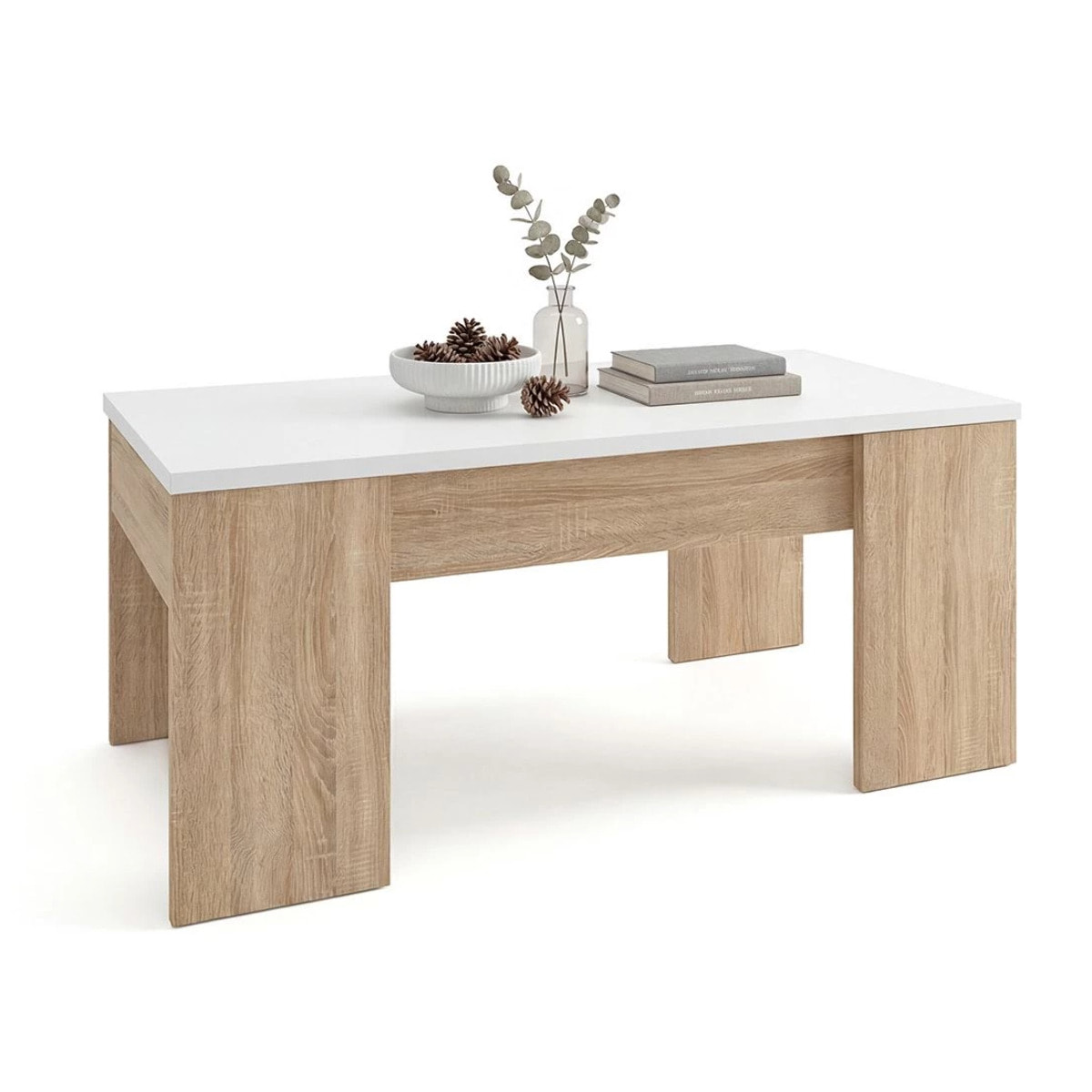Mesa de centro elevable con almacenaje en roble canadian y blanco artik 100x45-56 cm Vita Roble Canadian - Blanco Artik (Blanco Mate)
