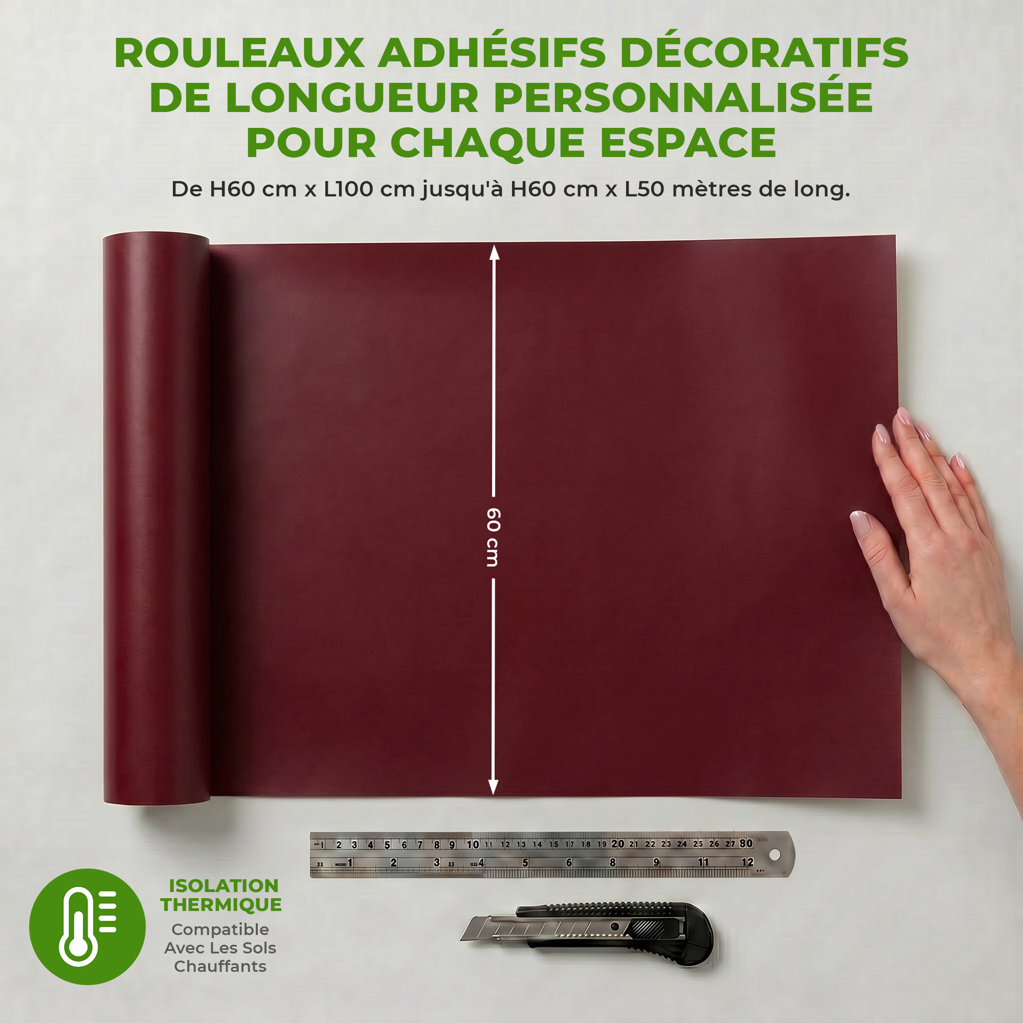 Rouleau adhésif décoratif Vinyle au Mètre - Bordeaux - Sticker Lavable Imperméable Mur Cuisine Meubles