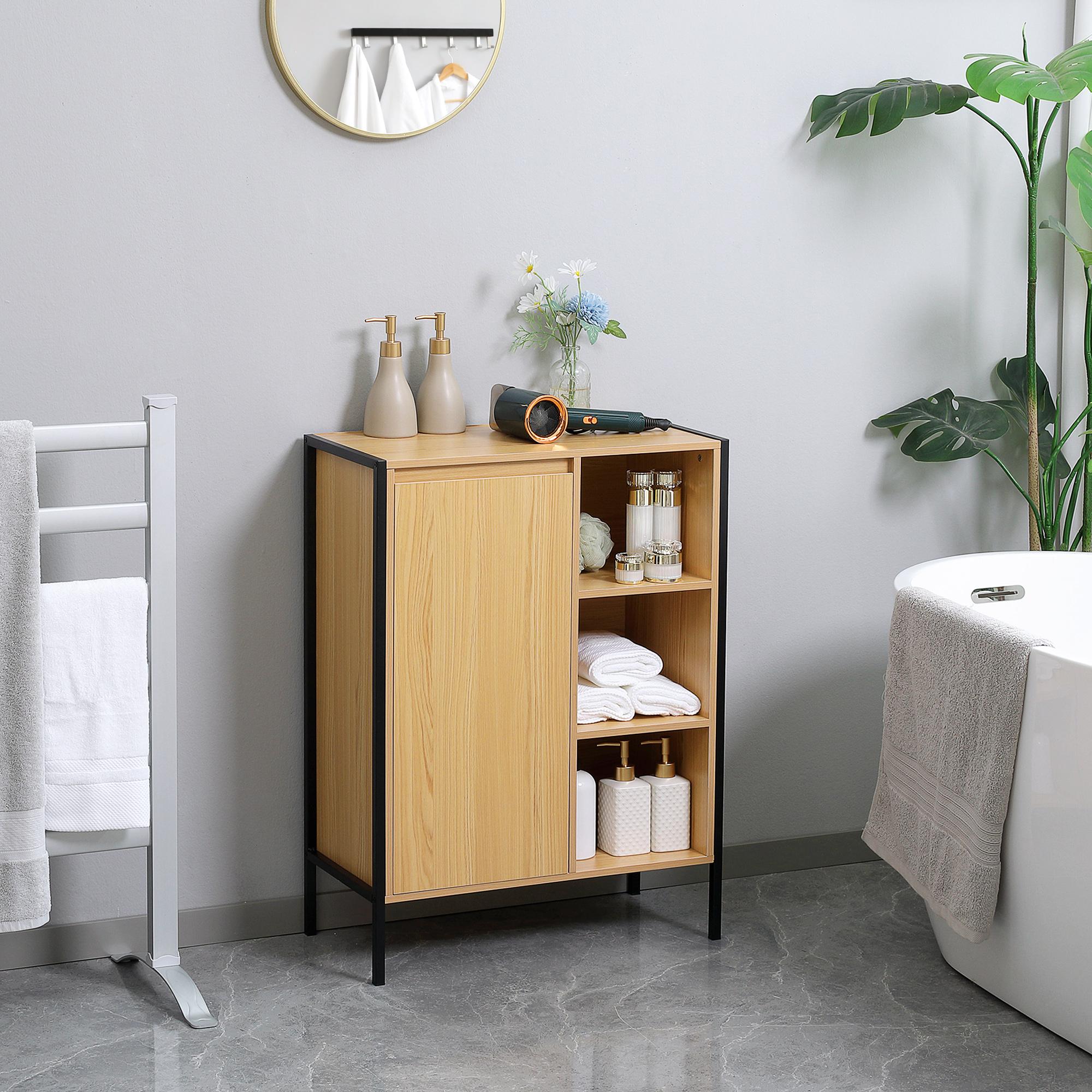 Armario Auxiliar de Baño con 1 Puerta y 3 Estantes Abiertos Mueble Auxiliar de Baño para Salón Aseo Dormitorio Estilo Industrial 60x28x80 cm Roble