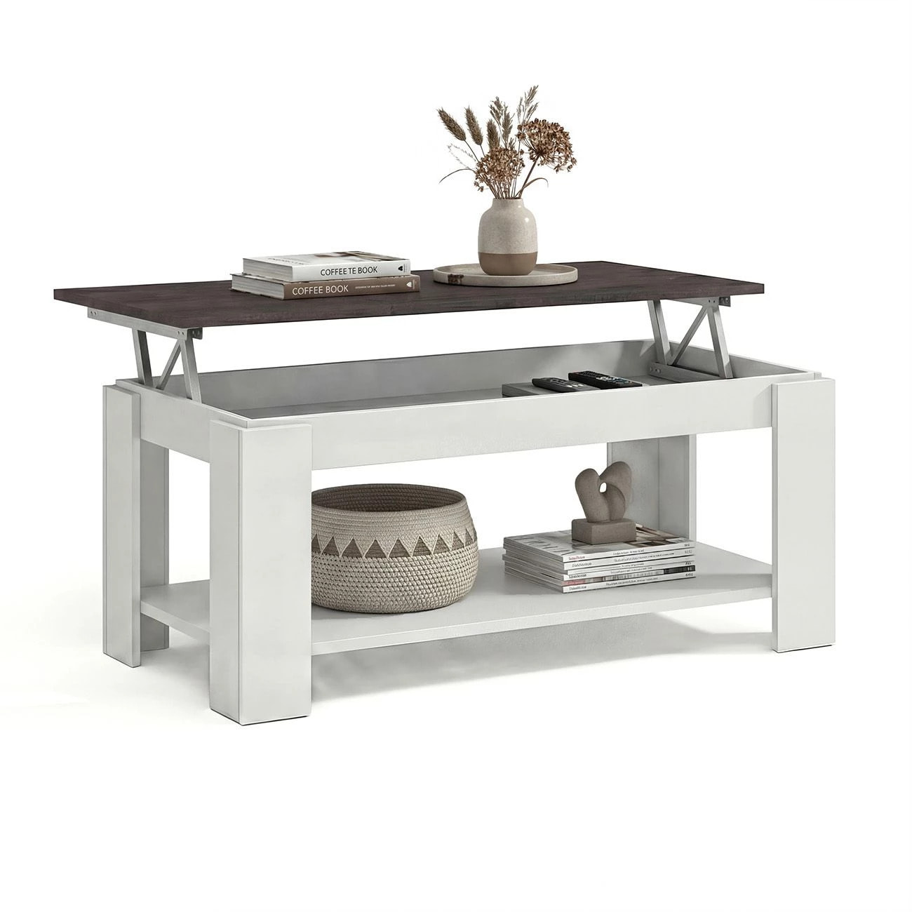 Mesa de centro elevable con almacenaje en blanco mate y óxido 102x43-54 cm Lya Blanco Artik (Blanco Mate) - Óxido