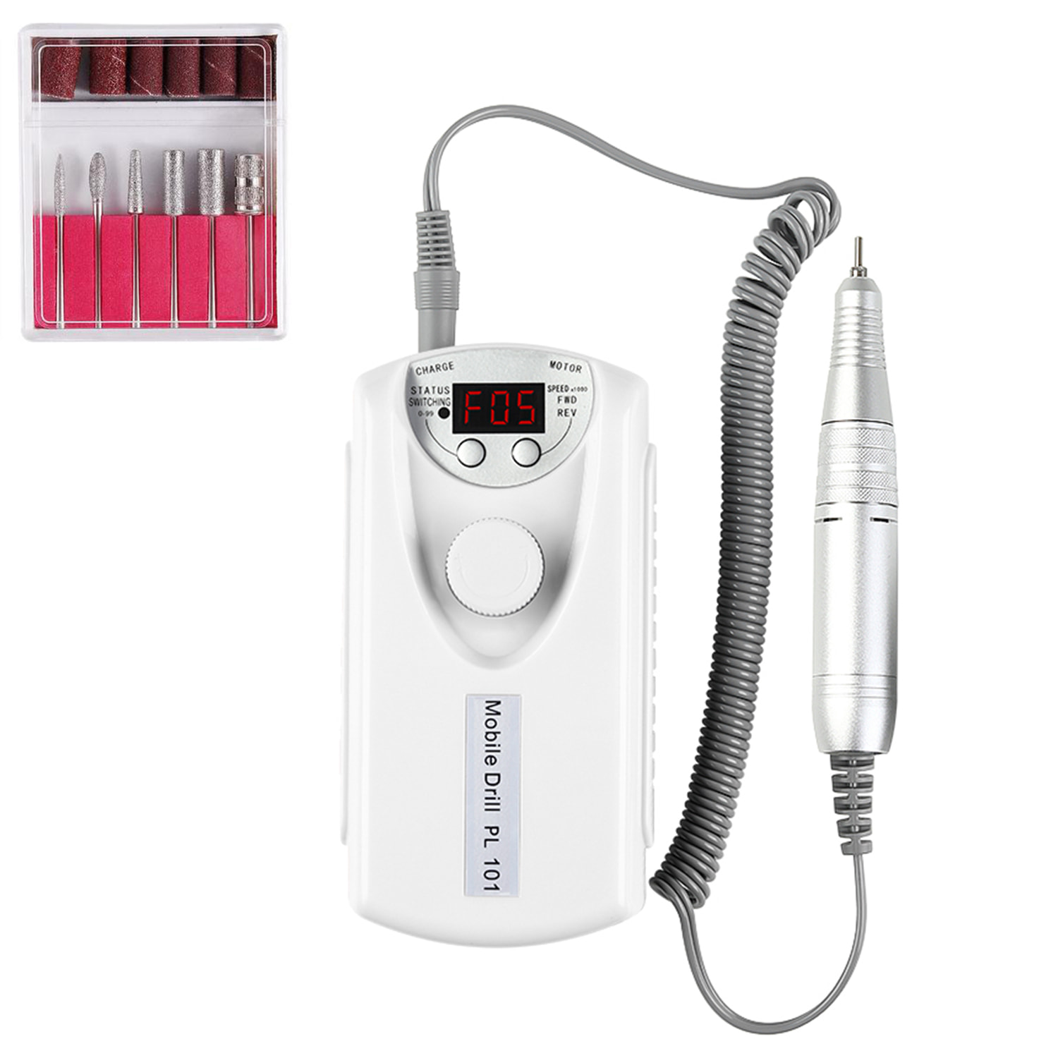 Lucidatrice per unghie con batteria ricaricabile da 2200mAh, fino a 35.000rpm. Velocità regolabile. Include 6 punte di lucidatura e 6 lime.