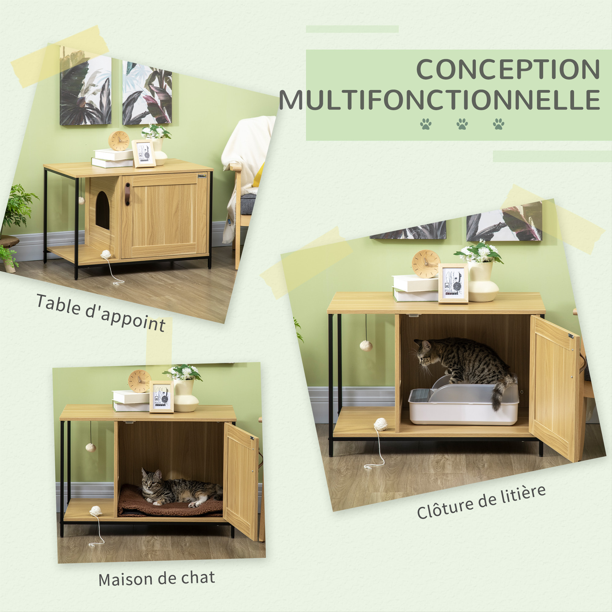 Maison de toilette pour chat style industriel porte entrée latérale boule suspendue châssis acier aspect bois clair