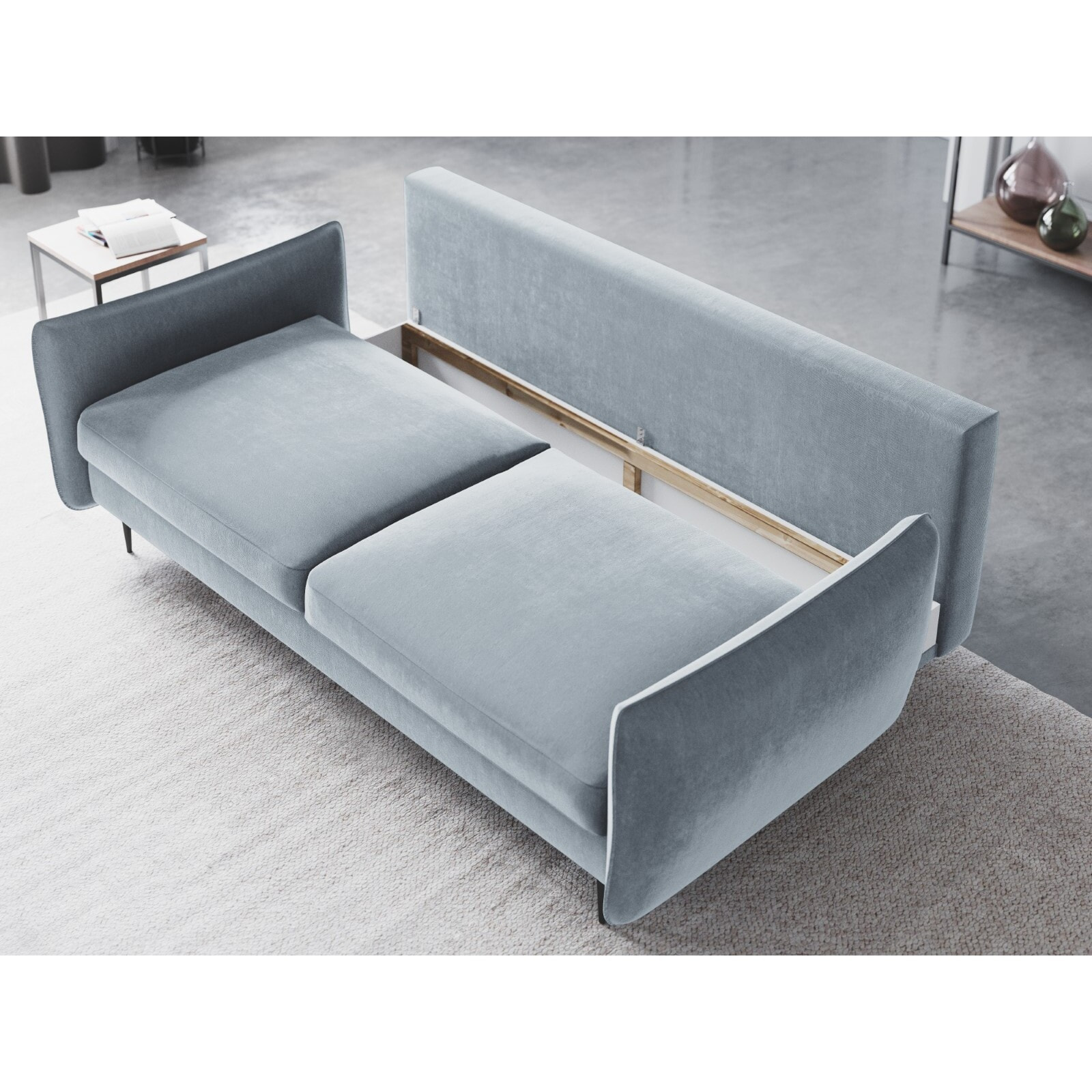 Canapé convertible avec coffre de rangement "Vermont" 3 places en velours bleu clair