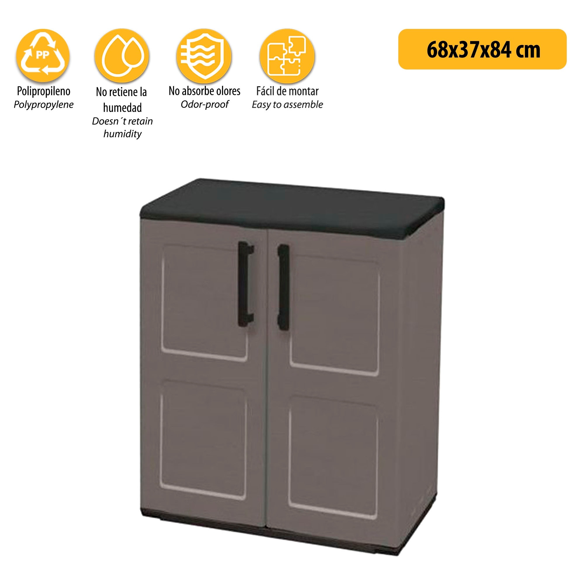 Armario de mediana altura en polipropileno, material reciclable y eco-sostenible, equipado con bisagras de acero y balda regulable, dimensiones l 680