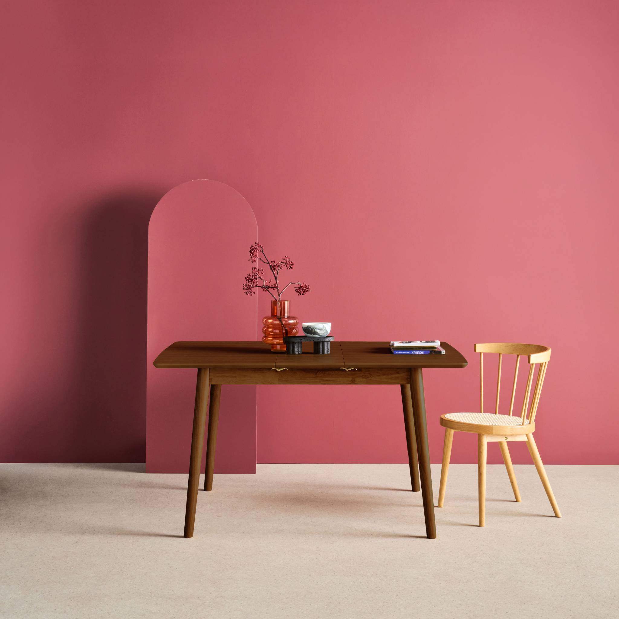 Table à manger rectangulaire extensible bois d'hévéa et placage chêne noyer 4-6 places - 110/140 x 100 x 75 cm - Lina