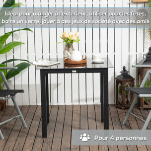 Table de jardin carrée 4 personnes dim. 80L x 80l x 74H cm alu. plateau verre trempé noir