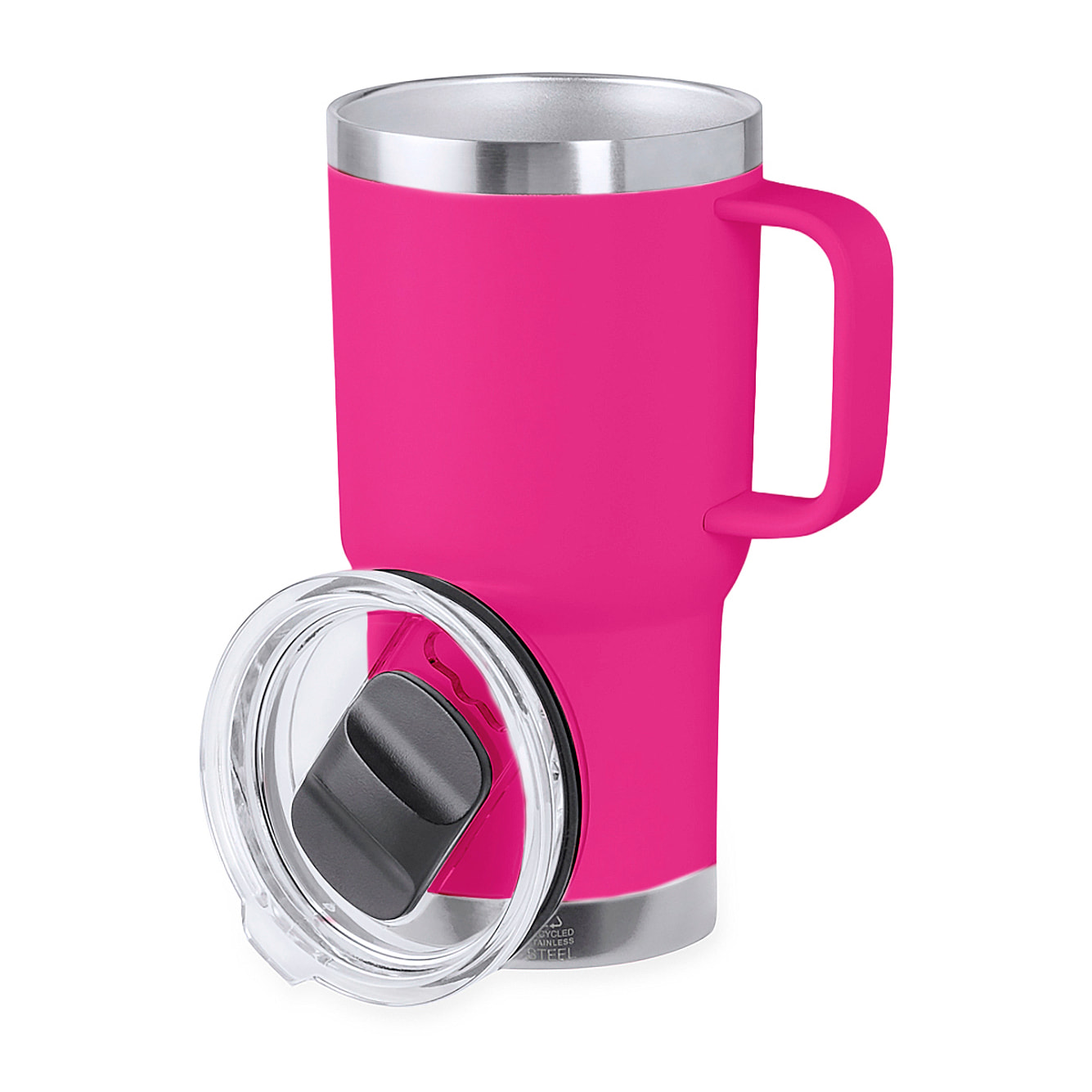 Taza térmica en acero inox reciclado con doble pared y 600 ml de capacidad. Incluye tapa con cierre a presión, dosificador y asa rígida.