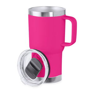 Taza térmica en acero inox reciclado con doble pared y 600 ml de capacidad. Incluye tapa con cierre a presión, dosificador y asa rígida.
