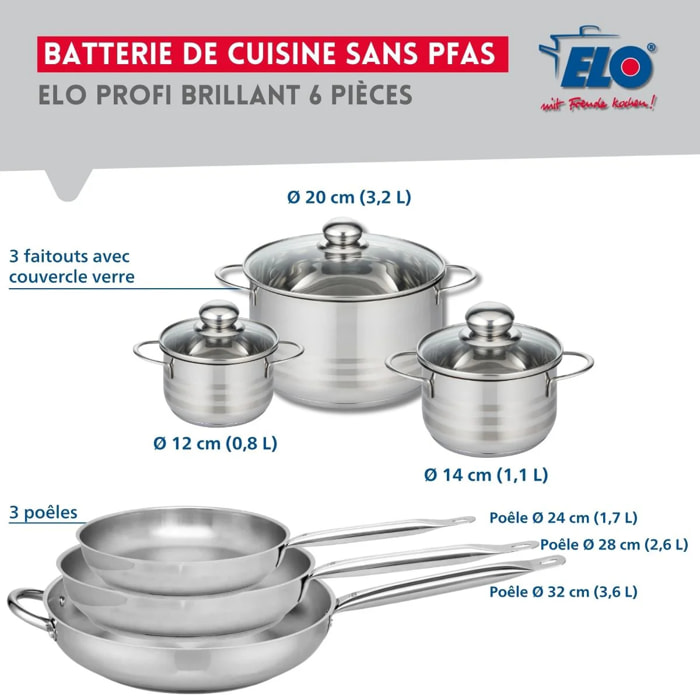 Ensemble de 3 Poêles de cuisson 24, 28 et 32 cm et 3 faitouts 12, 14 et 20 cm Elo Profi Brillant