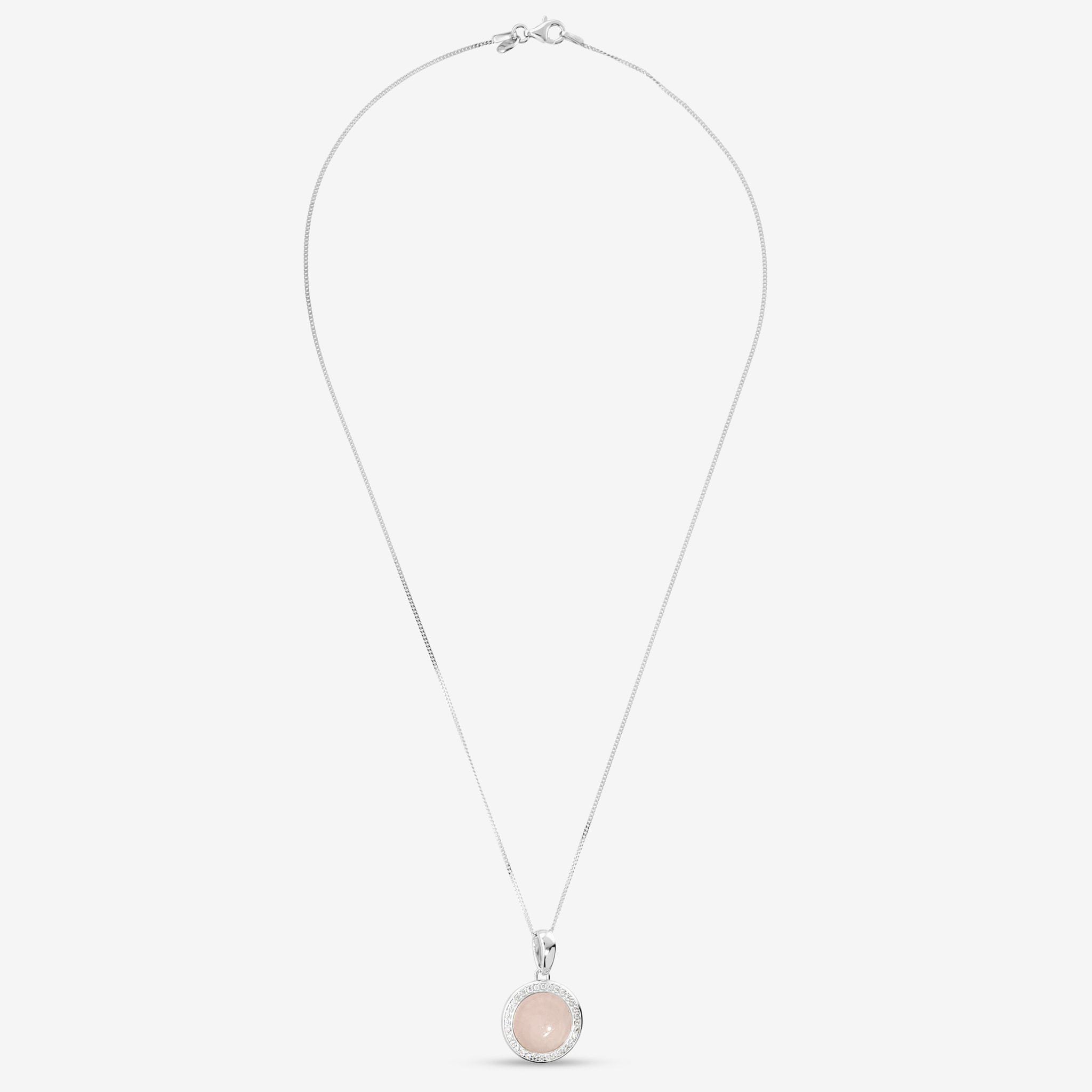 Collana in Argento 925 con Pendente Tondo in Quarzo Rosa e Cubic Zirconia