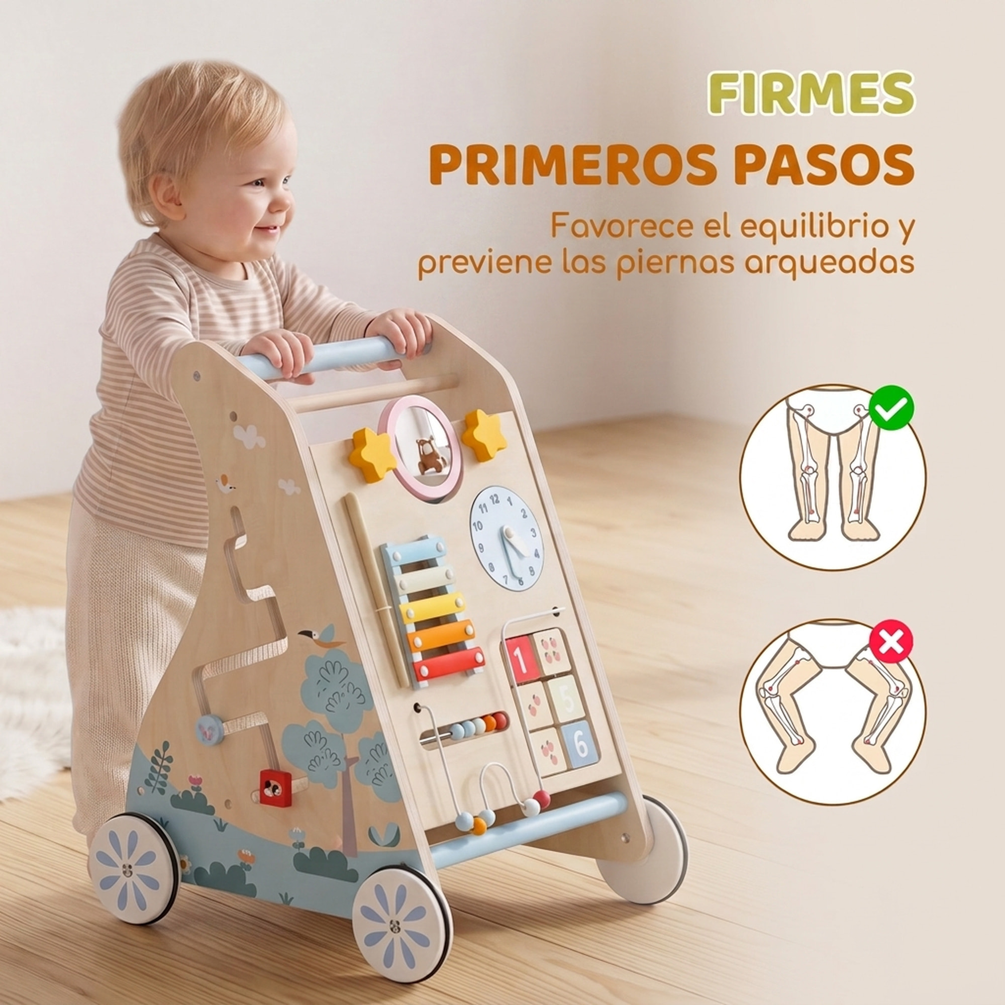 AIYAPLAY Andador Madera Bebé 3 en 1, Caminador Bebé con Juguetes Montessori, Panel Desmontable de Doble Cara, Centro de Actividades con Almacenaje, Ruedas, Niños de 1-3 Años y Altura +75 cm, Natural
