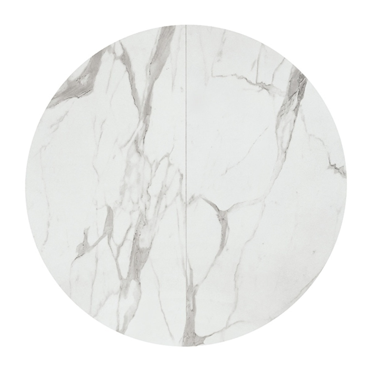 Tavolo rotondo PANTELLERIA in legno, finitura bianco statuario e gambe in metallo nero, allungabile Ø120xH75,3 cm - 170x120x75,3 cm