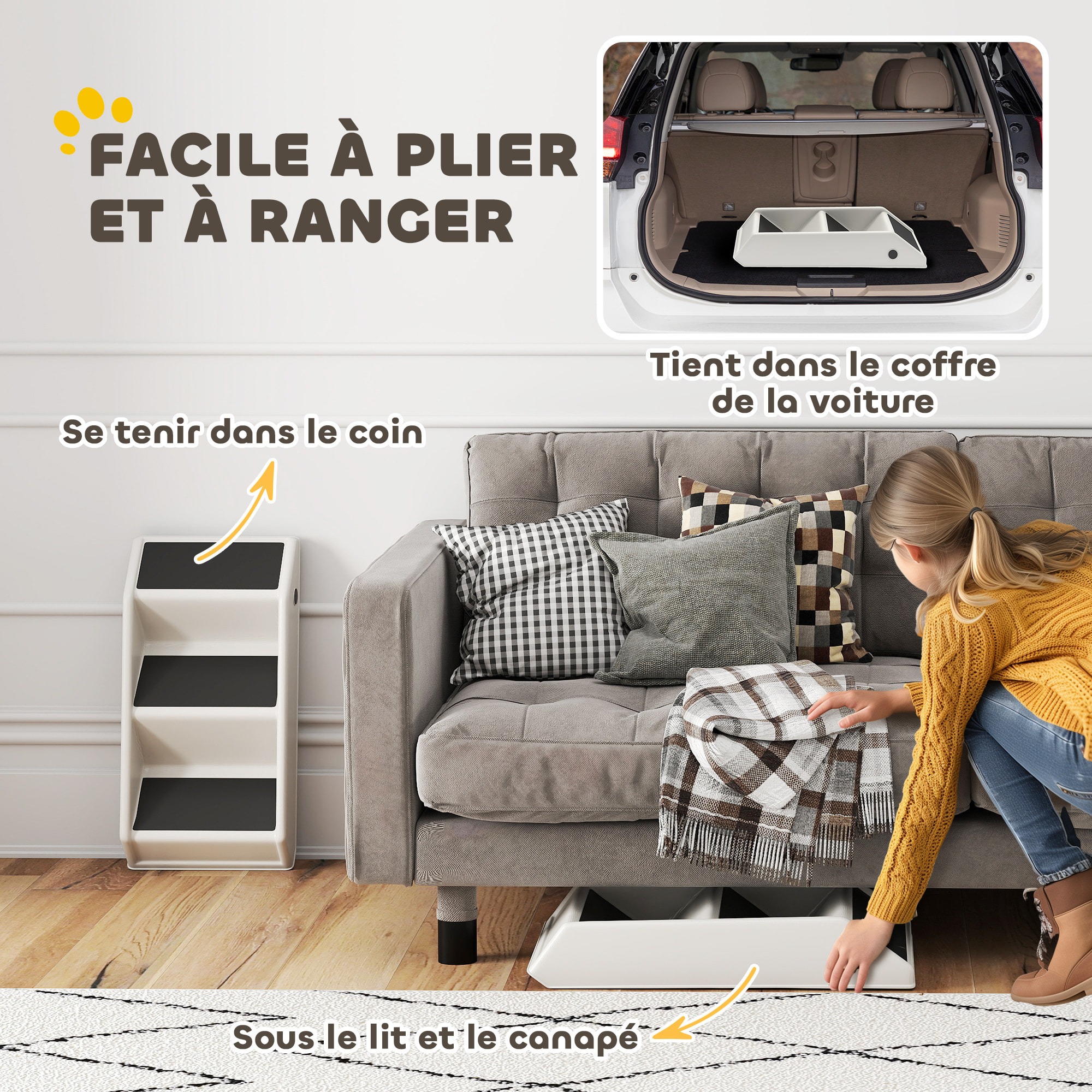 Escalier pour chien pliable - 3 marches antidérapantes - max. 10Kg - PP noir blanc cassé