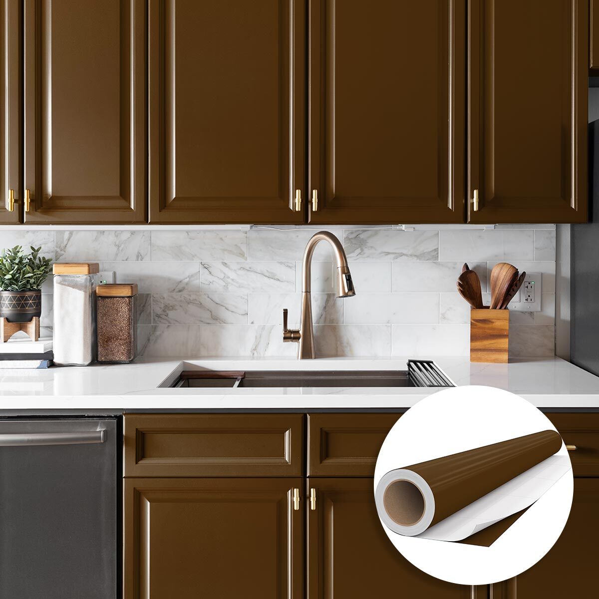 Rouleau adhésif décoratif Vinyle au Mètre - Chocolat - Sticker Lavable Imperméable Mur Cuisine Meubles