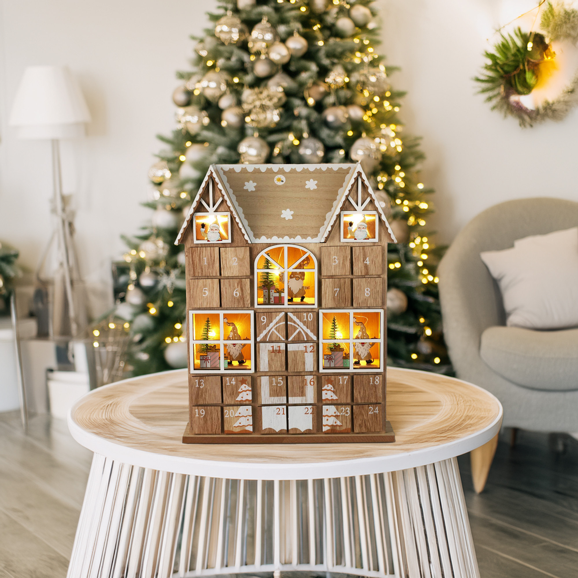 calendario de adviento led de madera contrachapada con juego de cajas y luces