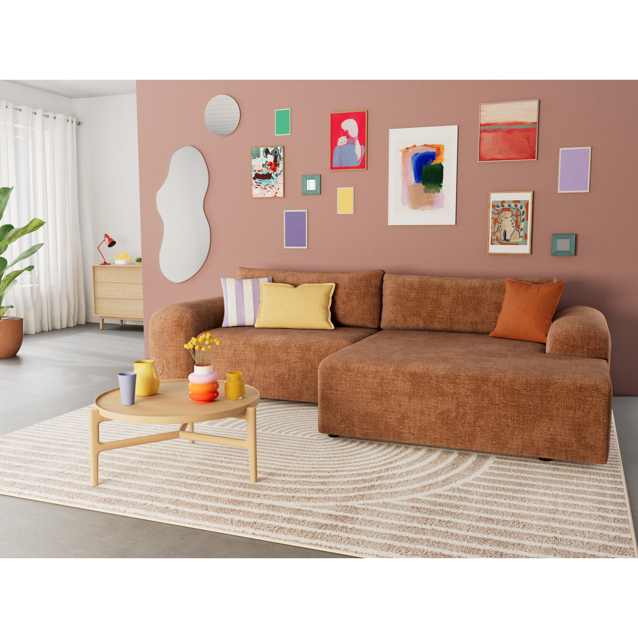 Rebecca - canapé d'angle droit 4 places convertible avec coffre en velours texturé - Rouille