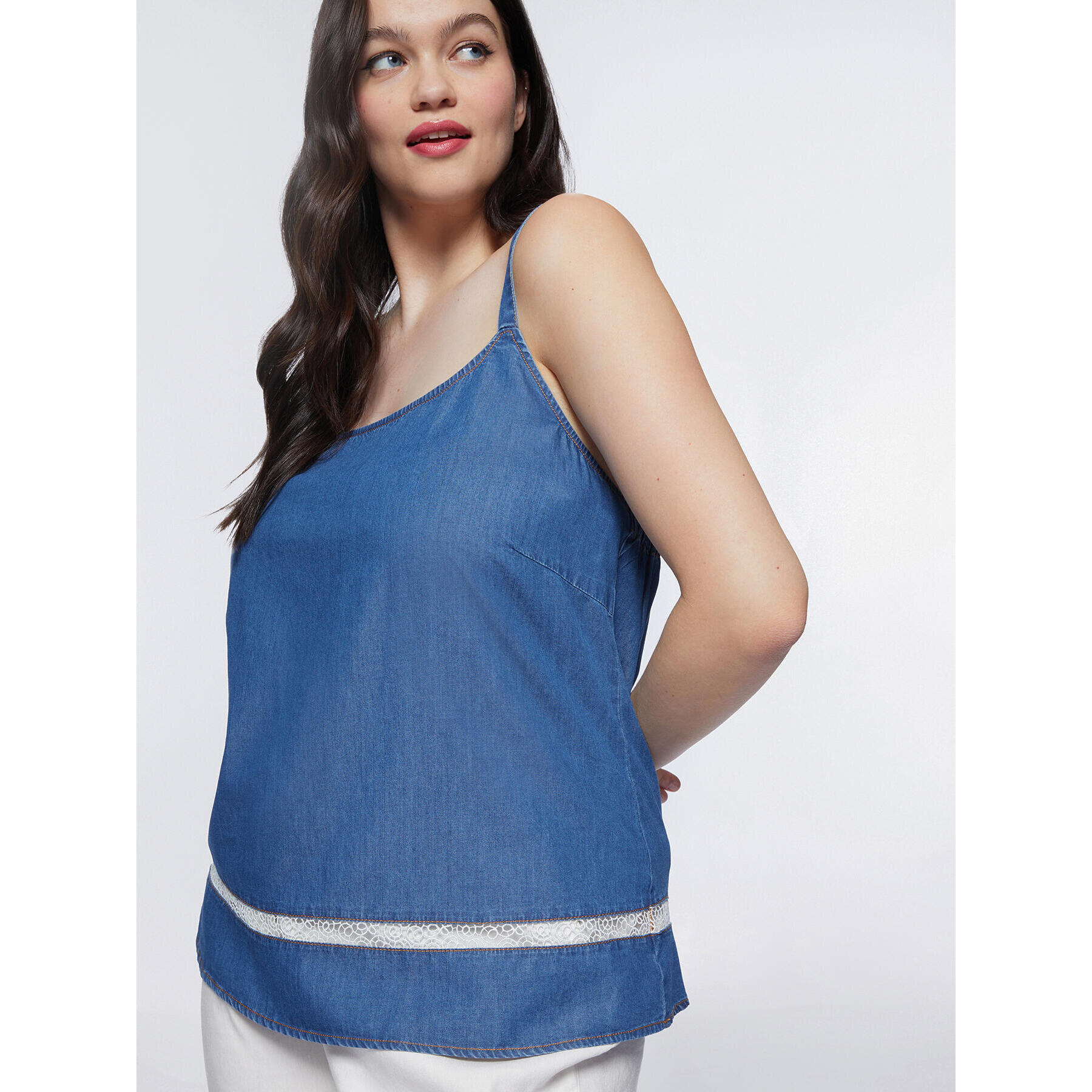 Fiorella Rubino - Top vaquero con bordes de encaje - Azul