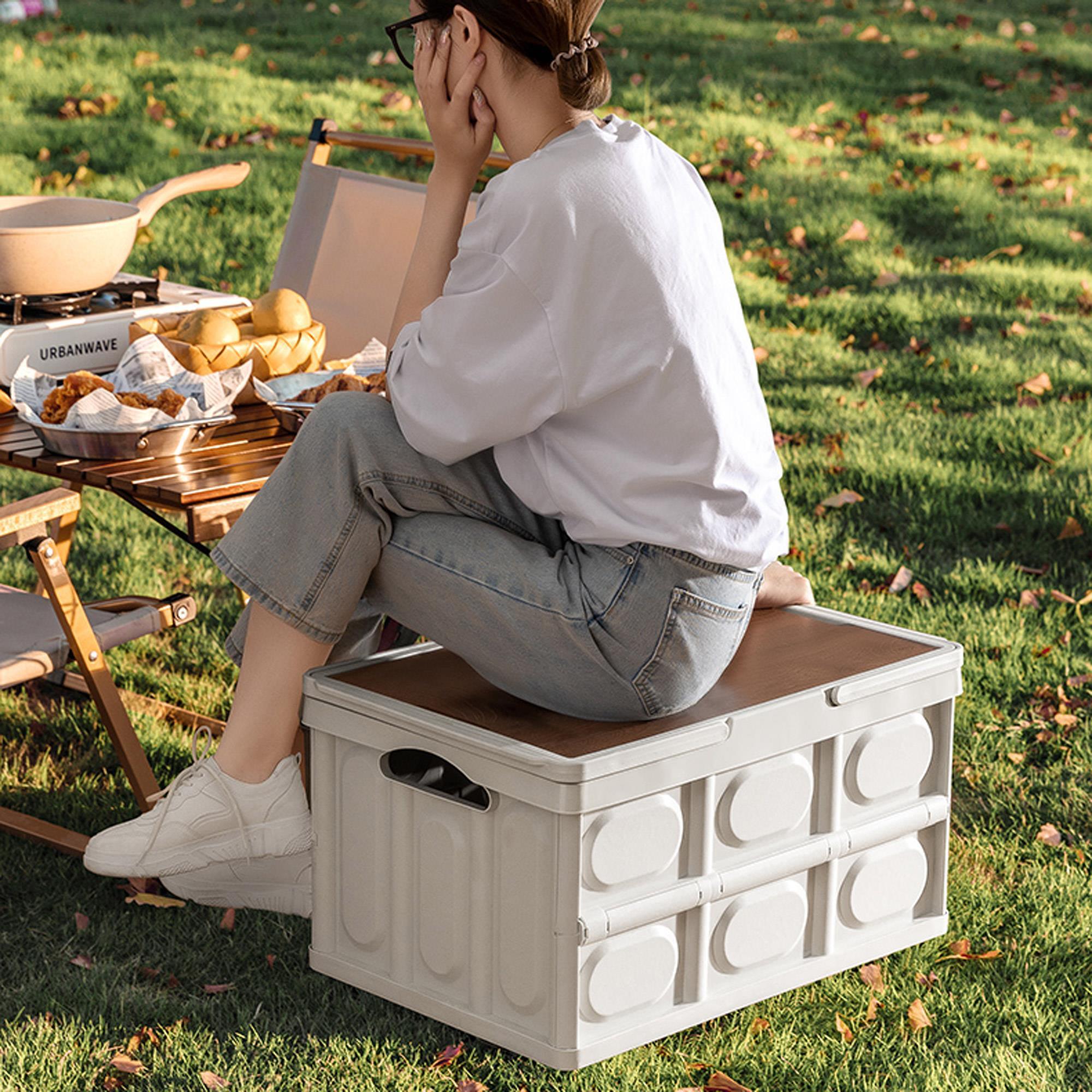 Caja de almacenamiento plegable color blanco con tapa imitación madera