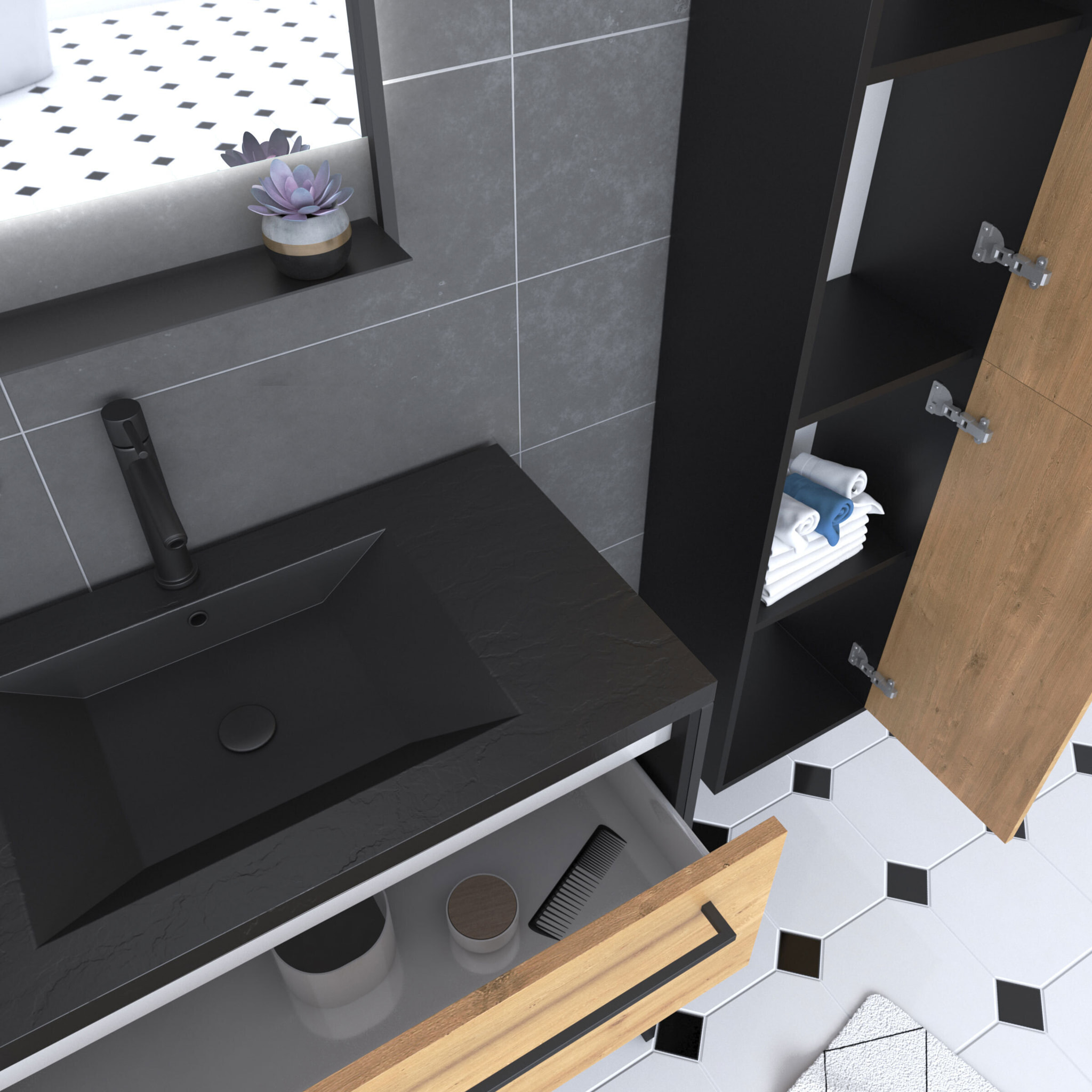 Meuble Salle de Bains 80 cm, Vasque Noire, Miroir Led et Colonne - Chêne et Noir - STRUCTURA