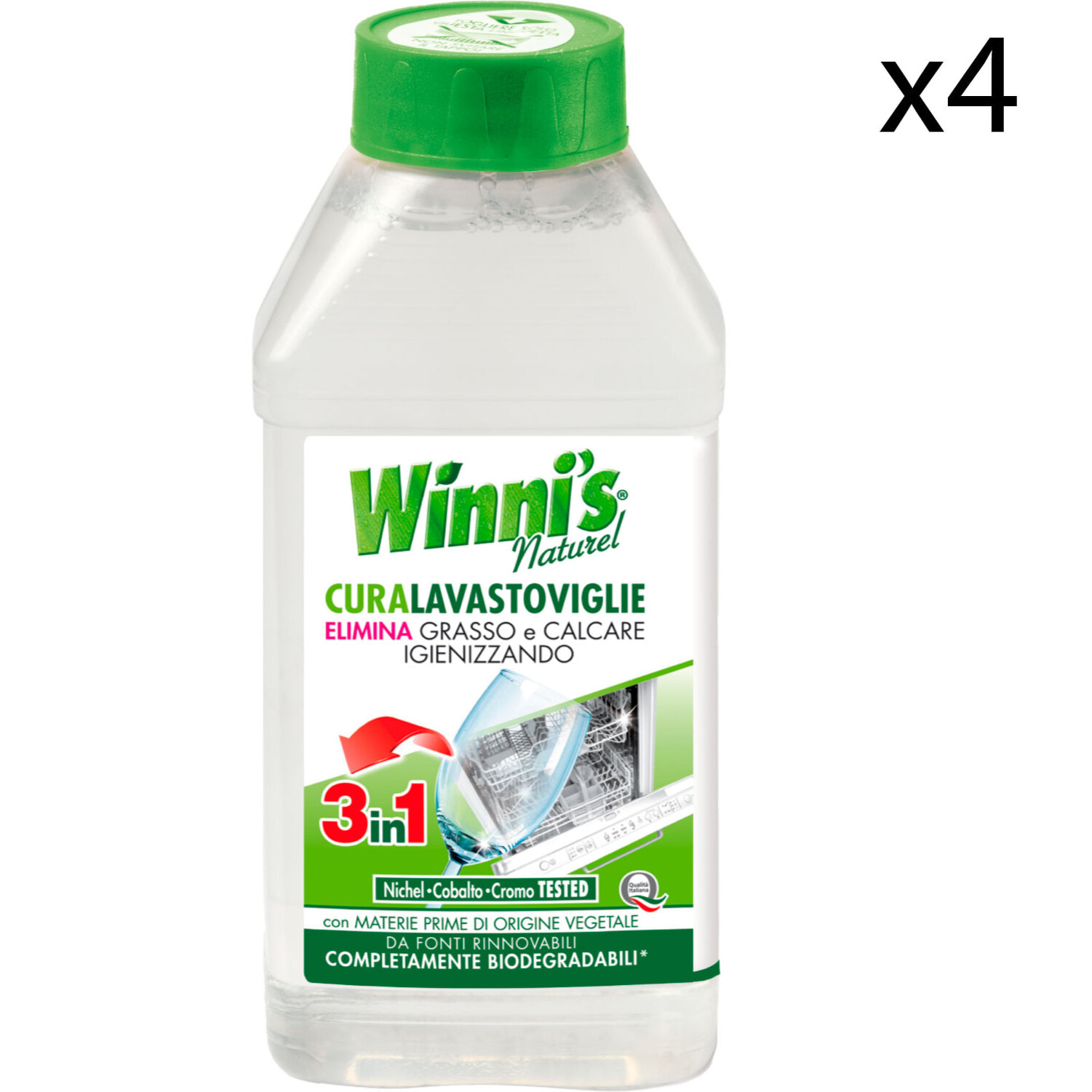 4x Winni's Naturel Curalavastoviglie Liquido 3in1 Sgrassante Anticalcare e Igienizzante - 4 Flaconi da 250ml