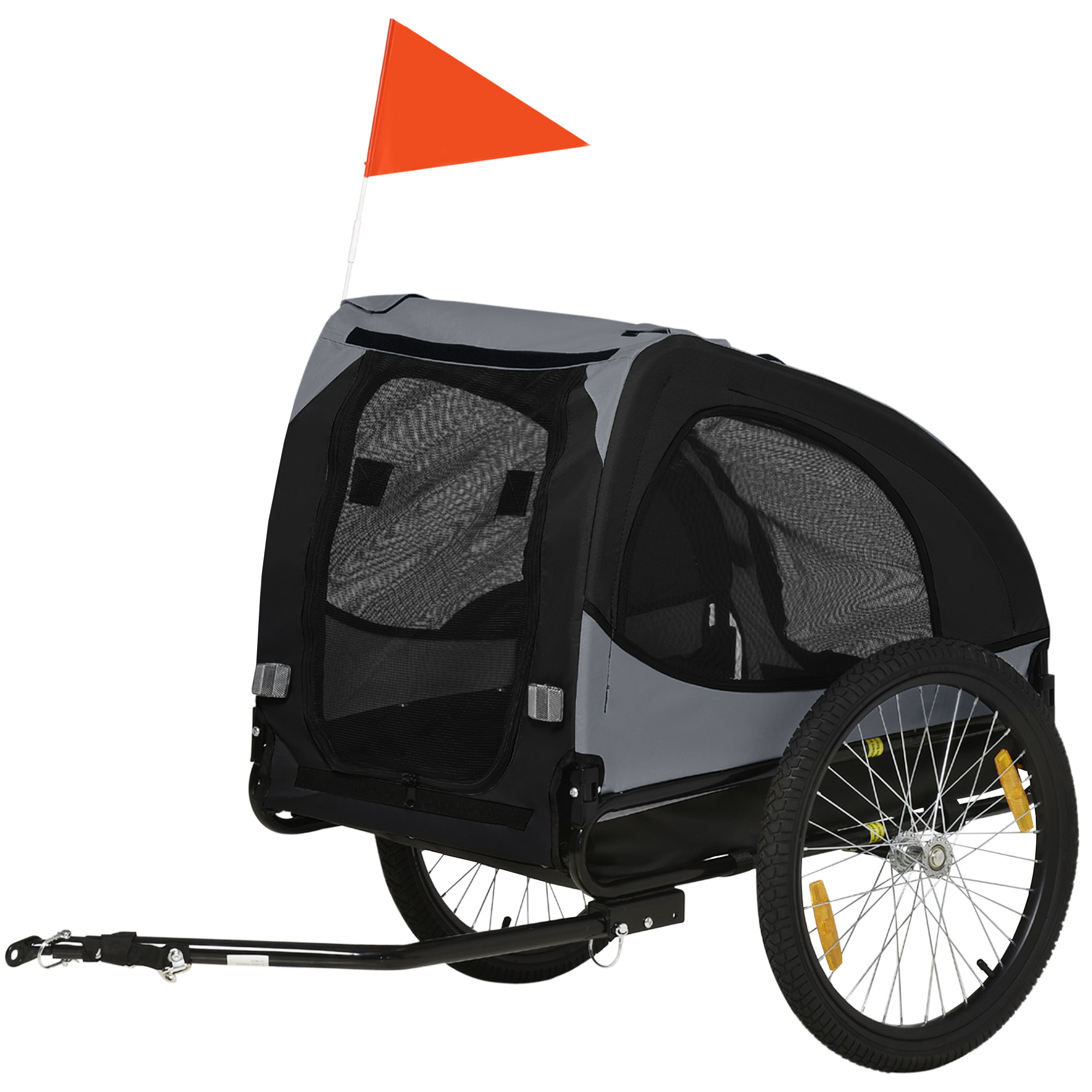 Remorque vélo pour chien 20 Kg pliable barre attelage fixation réflecteurs drapeau noir