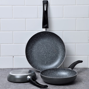 Set 3pc sarten (16+20+24cm) aluminio prensado, inducción, negra soul marble con set 3 pc utensilios cocina acero inoxidable