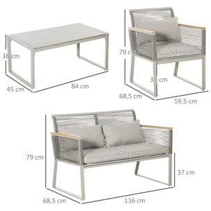 Conjunto de Muebles de Jardín de Ratán 4 Piezas Sofá Doble 2 Sillones Individuales y Mesa de Café de Vidrio con Cojines Desenfundables para Exterior Terraza Gris
