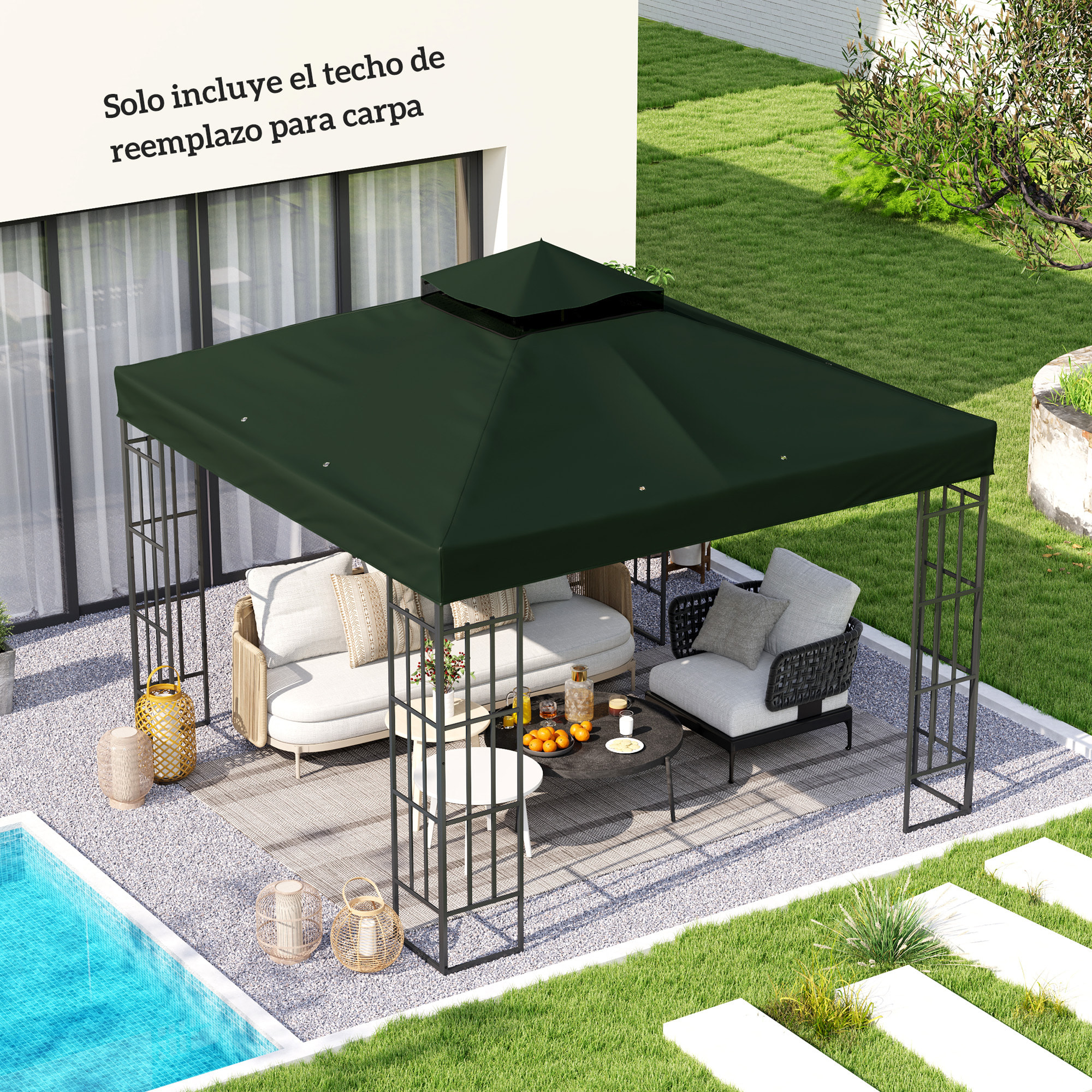 Techo de Repuesto para Cenador 3x3 m Cubierta de Repuesto 370g/㎡ con Techo Doble con Mosquitera Protección UV 30+ Toldo de Recambio para Pabellón Gazebo Verde