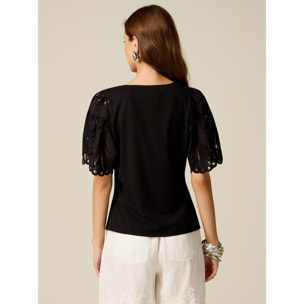 Oltre - T-shirt con maniche in sangallo - Nero